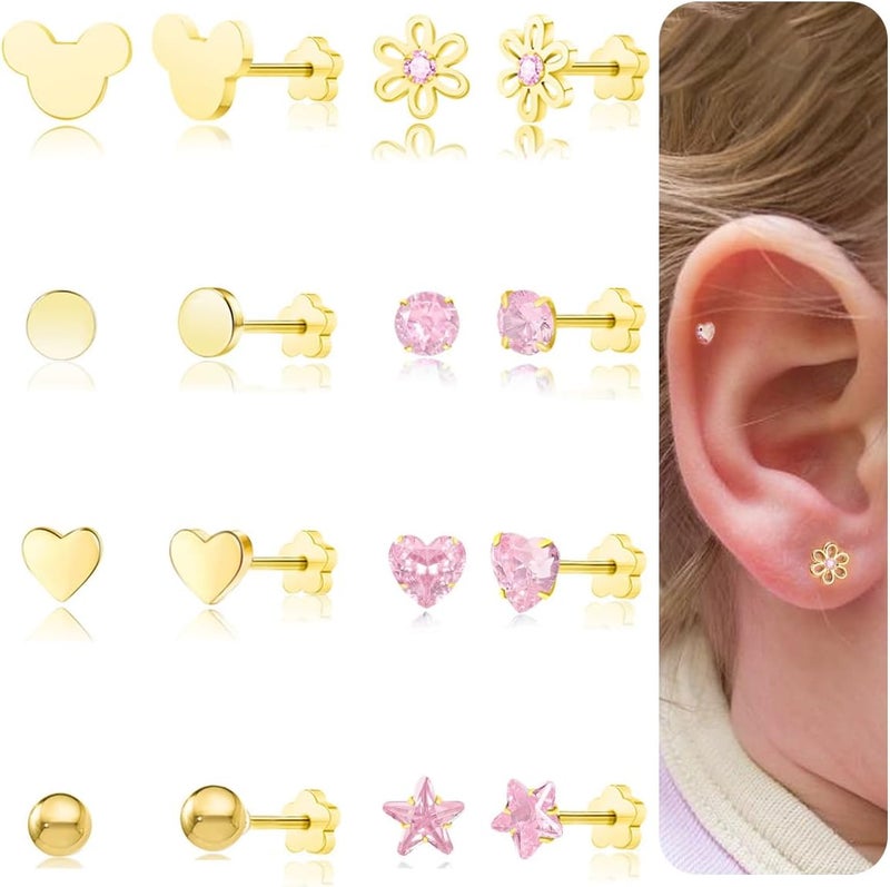 DALI Hypoallergenic 14K Gold Earrings for Girls Women, Toddler Screw Back Baby Earrings for Sensitive Ears Silver Kids Earrings Cute Flower Heart Star Ball Dot Mouse Titanium Flat Back Stud Earring Sets - Image 1